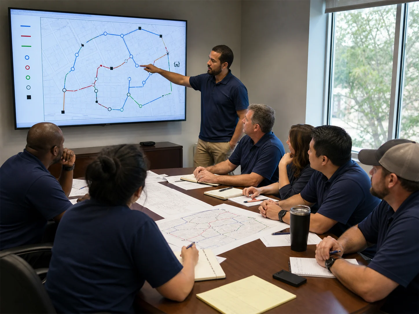 Seated TACI team reviewing an outside plant network route map with a presenter