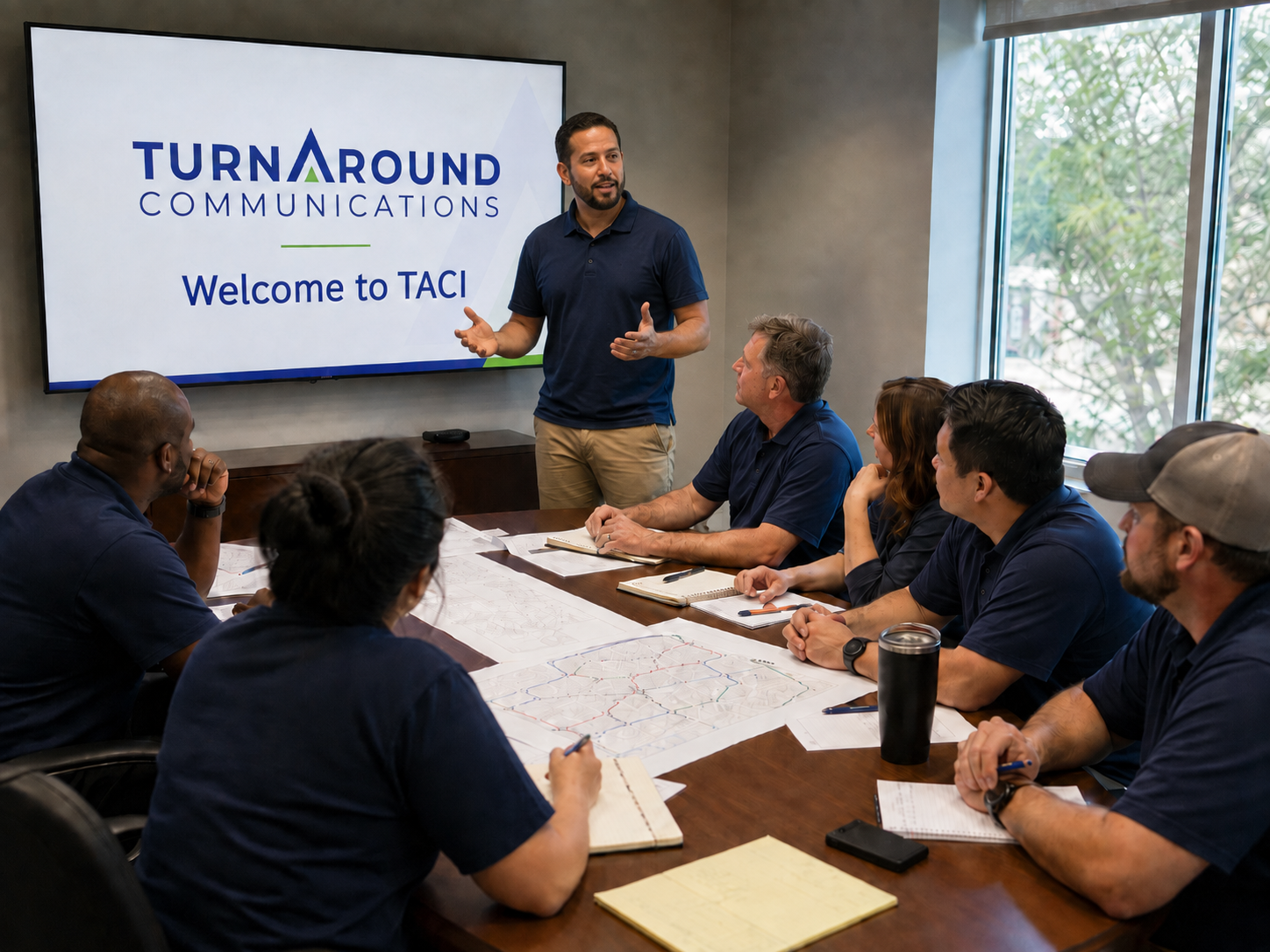 TACI team gathered around a conference table for a Welcome to TACI presentation