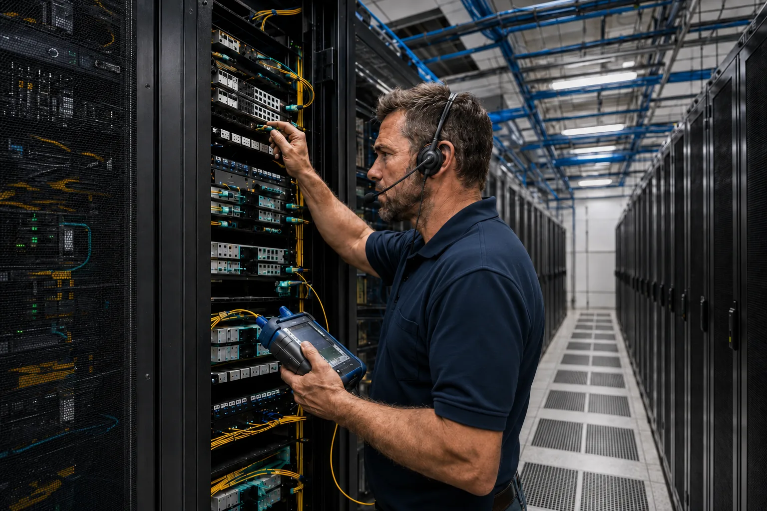Technician supporting operational infrastructure inside a data center