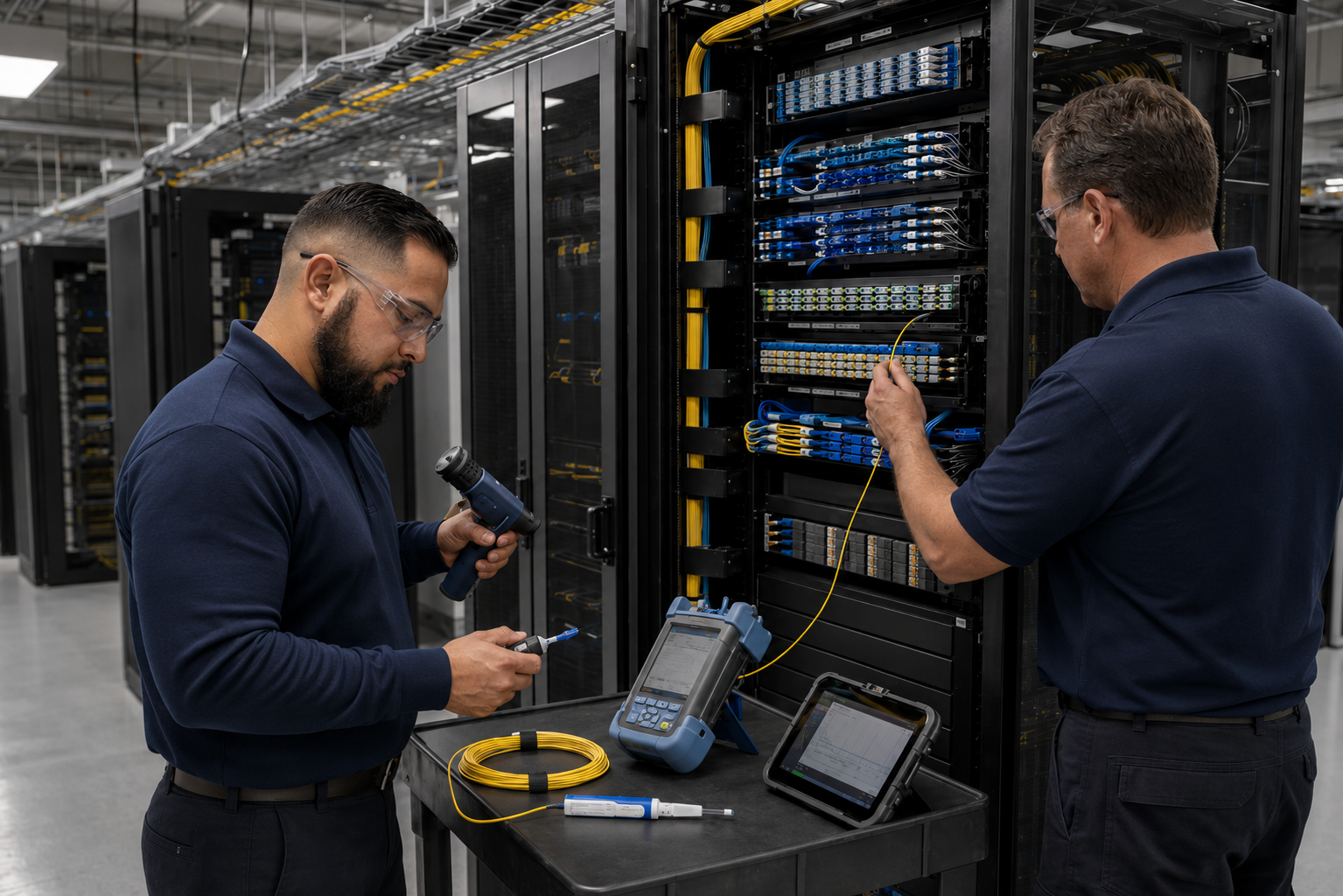 Technician performing Fiber Optic Cable testing and validation