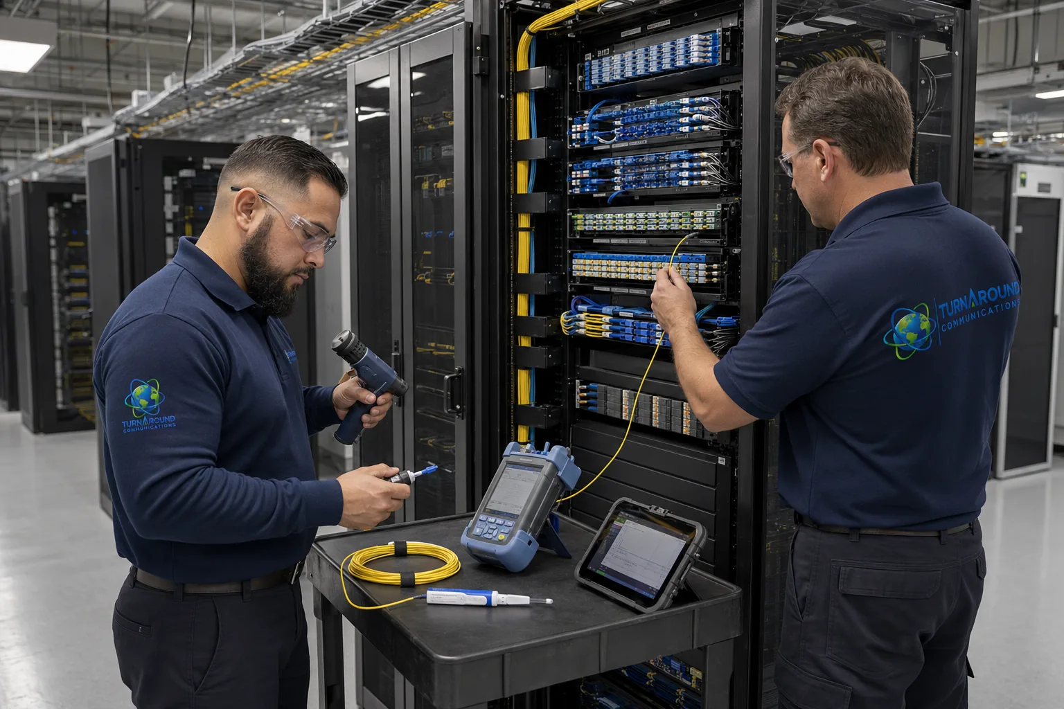 Technician performing Fiber Optic Cable testing and validation