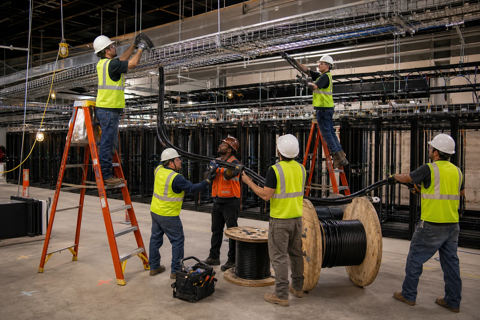 Technicians on ladders pulling fiber into overhead cable tray in a data hall under construction