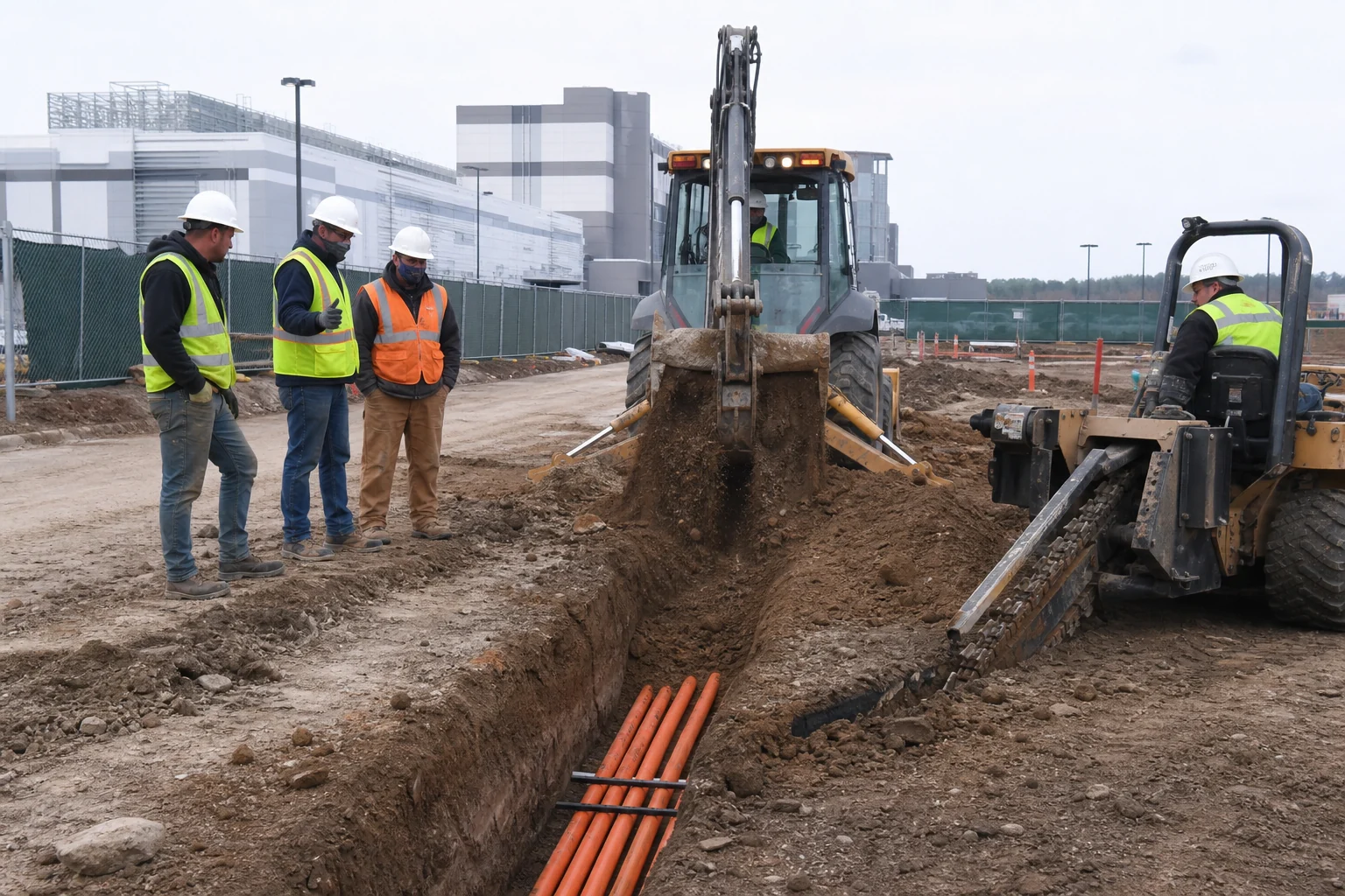 Outside plant crew backfilling conduit beside construction equipment at a facility entrance