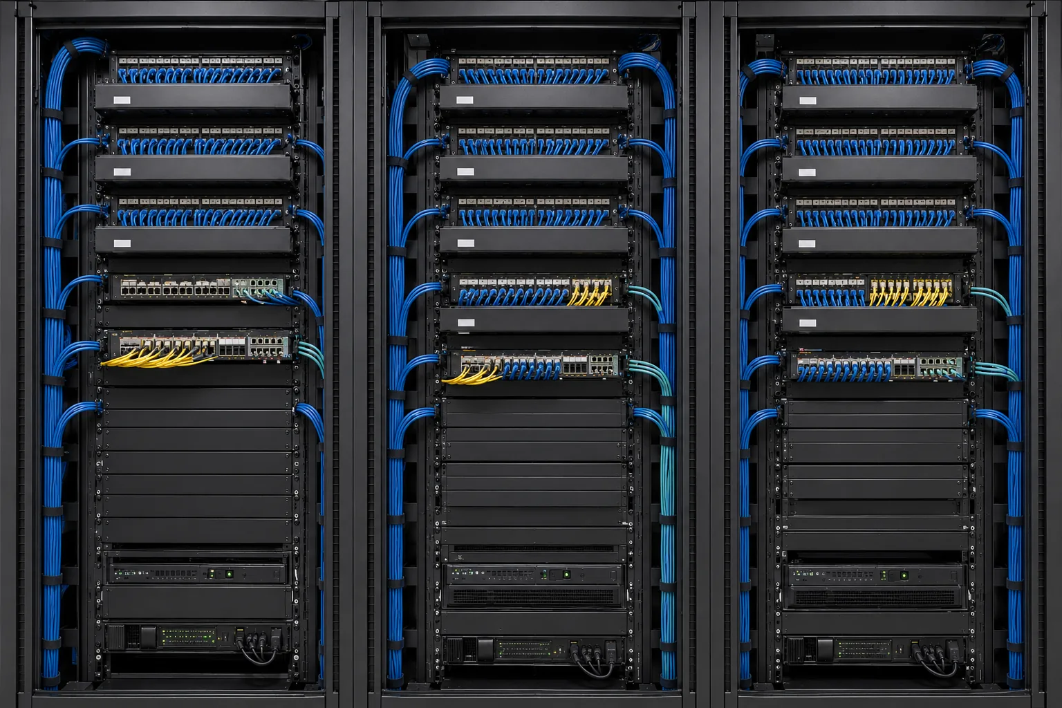 The same three server racks with network cables organized, bundled, and clearly routed