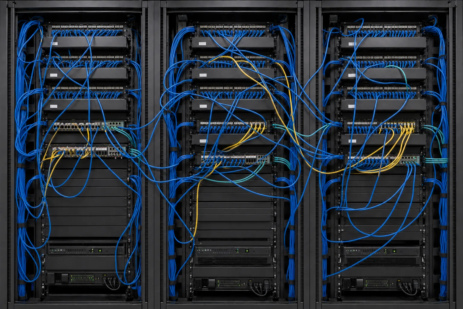 Three server racks with loose, crossed, and poorly routed network cables