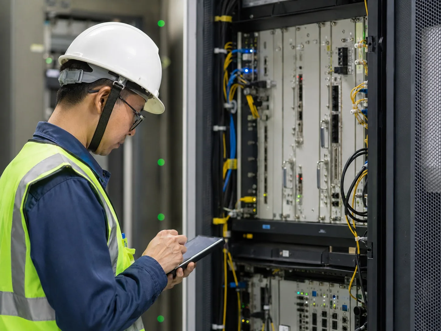 Inside plant technician working at a telecommunications rack