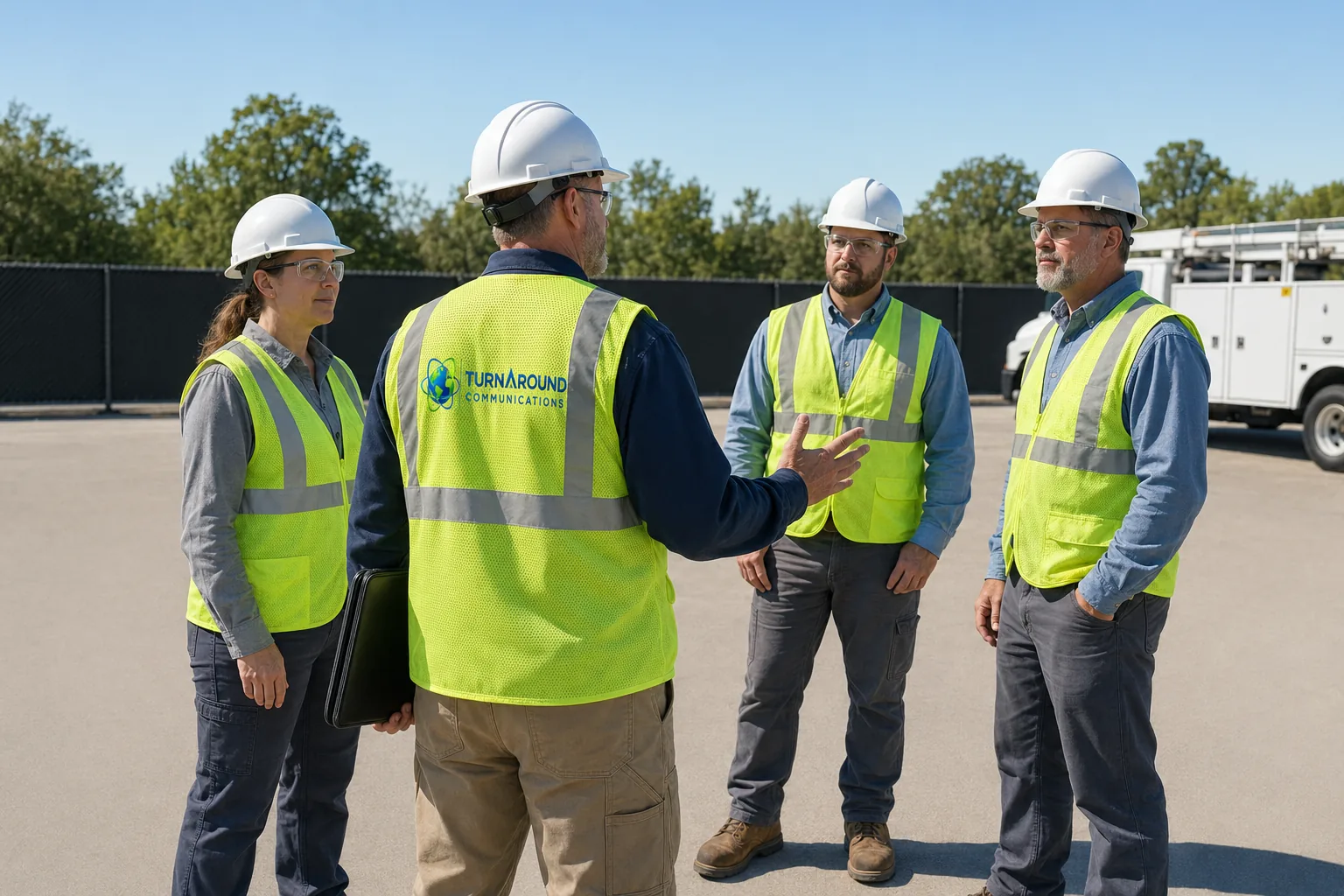 TurnAround Communications field professionals participating in a pre-task safety and coordination huddle