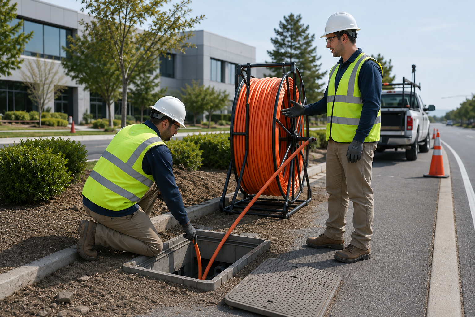 Outside plant telecommunications crew installing broadband infrastructure