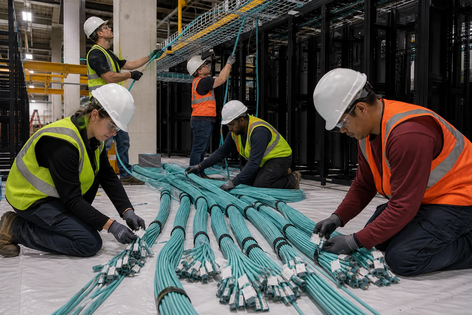 Data center crew labeling staged fiber before pulling it into overhead cable tray