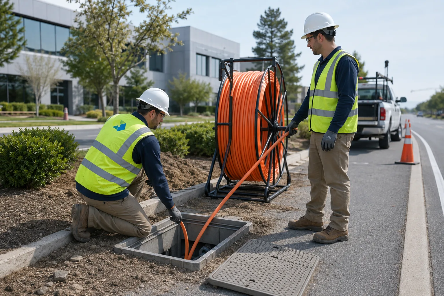 Outside plant telecommunications crew installing broadband infrastructure