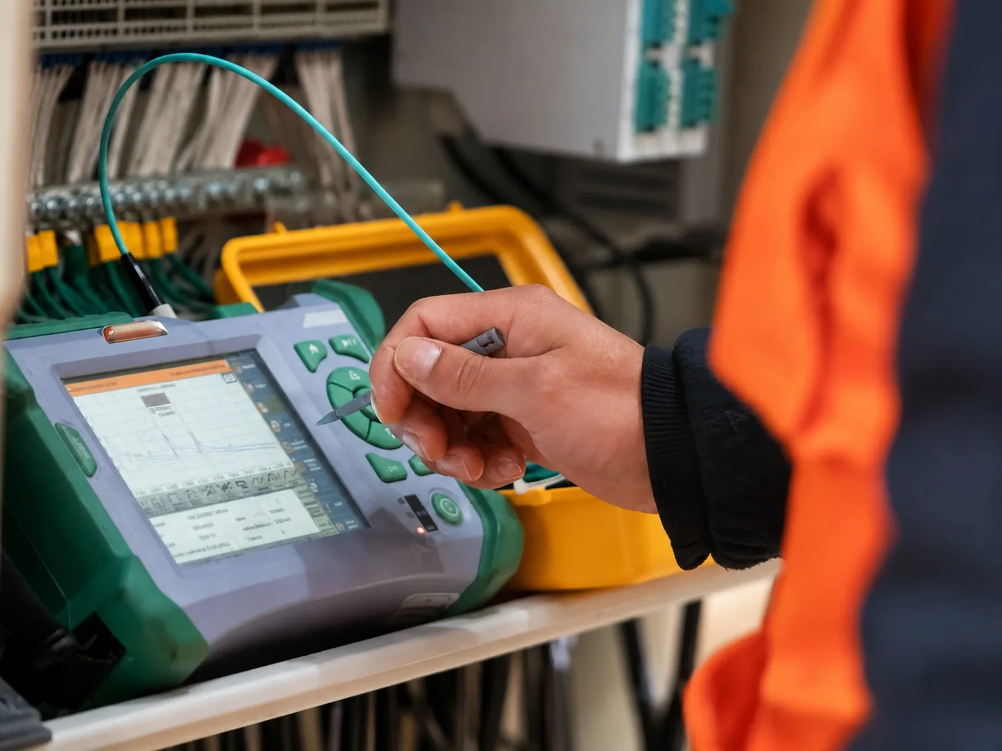Technician testing a fiber optic connection with optical test equipment