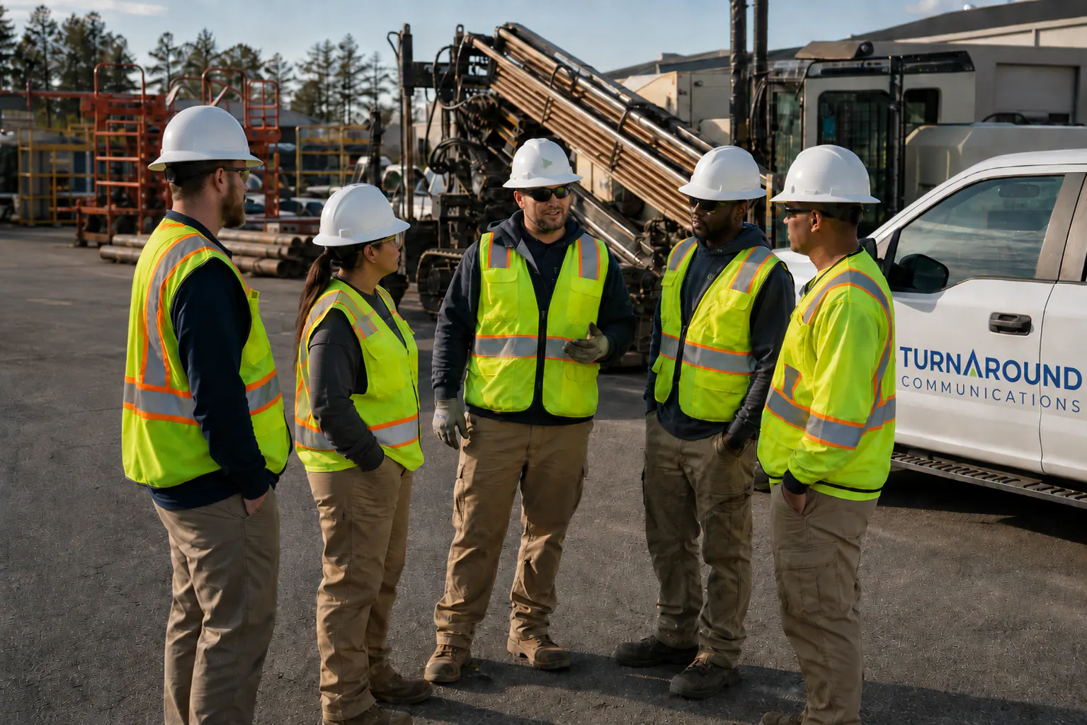 TACI field crew coordinating beside fleet vehicles and a drill rig before beginning outside plant work