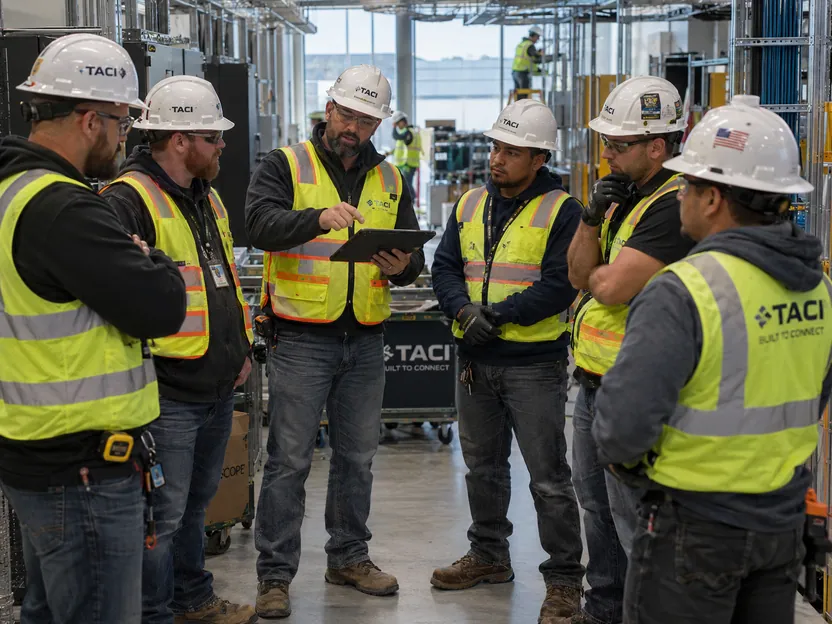 TACI field team reviewing a tablet together at an infrastructure jobsite