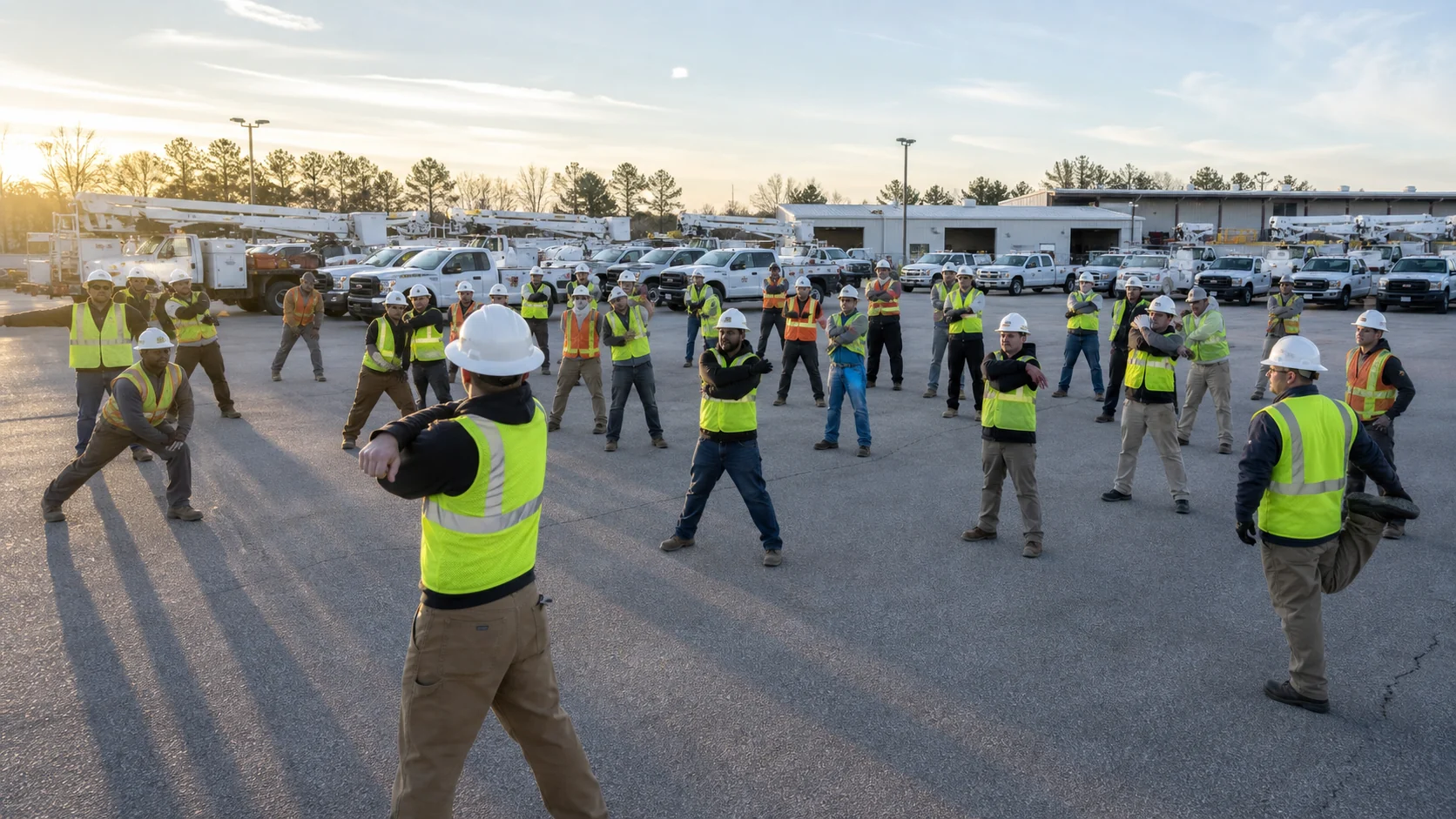 Large field crew doing morning calisthenics together in a fleet parking lot