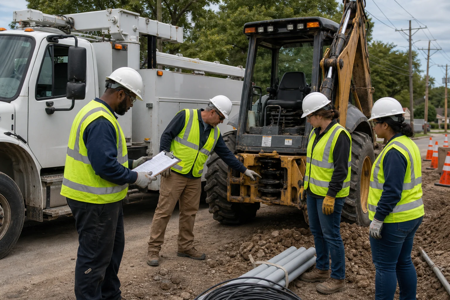 Field crew completing a documented safety inspection of a work truck and backhoe