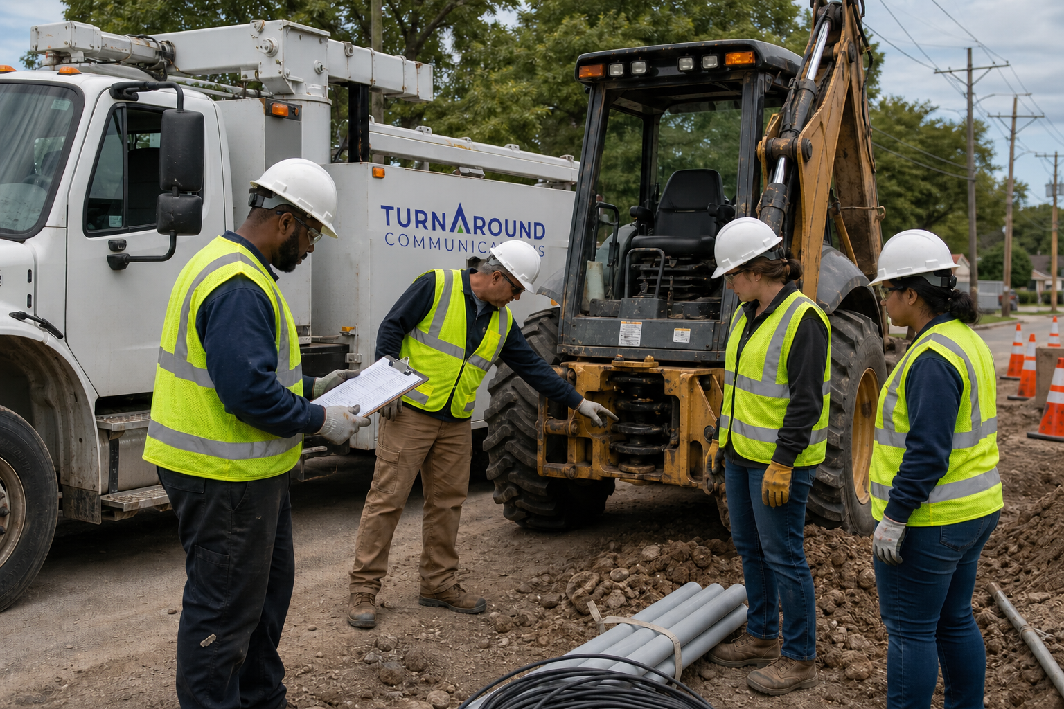 Field crew completing a documented safety inspection of a work truck and backhoe