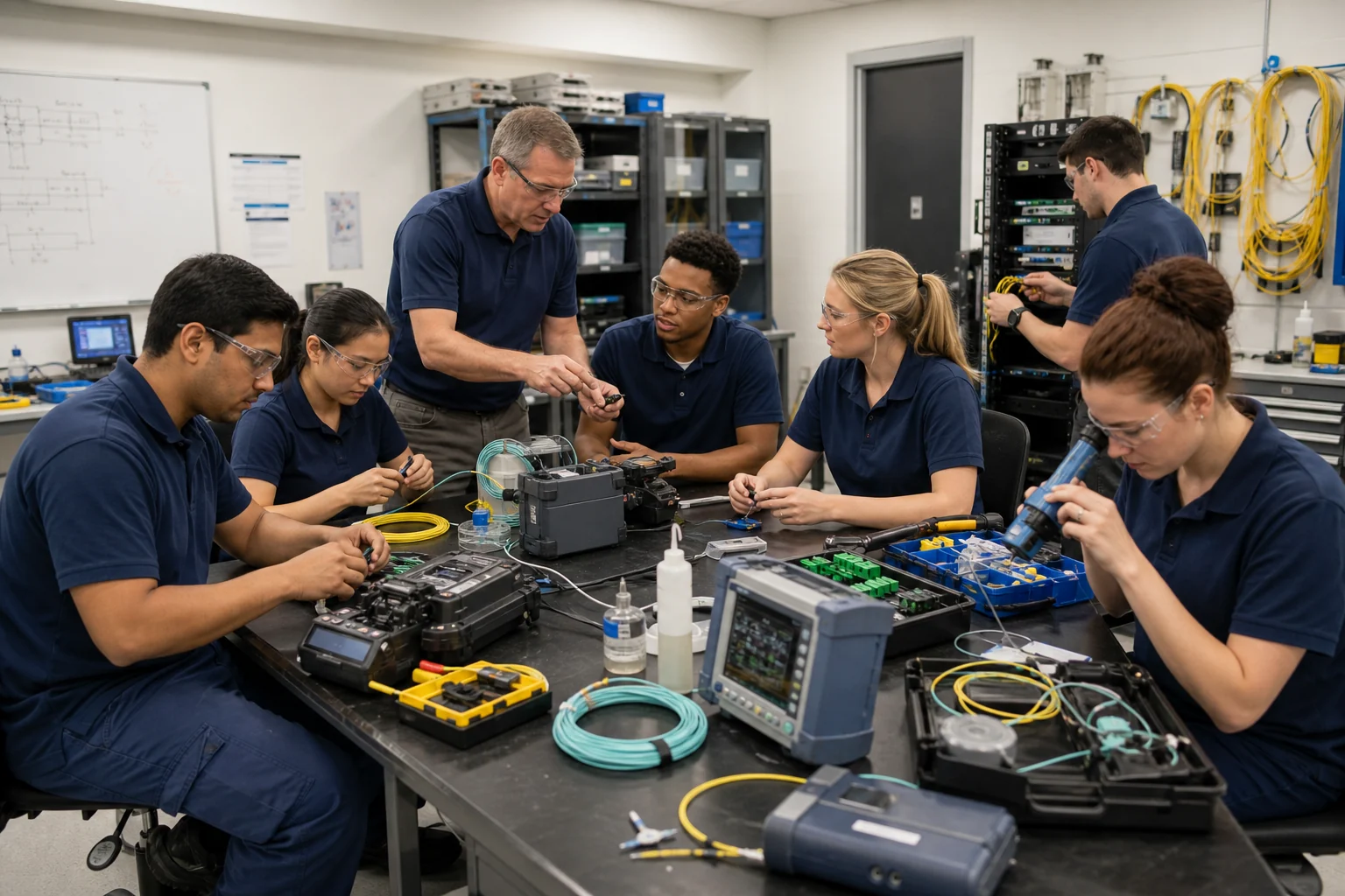 Fiber technicians practicing with test and splicing equipment in an indoor training lab